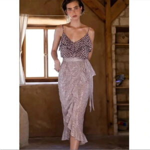 Revolve Sabina Musayev Nissa metallic peach polka dot ruffle wrap skirt